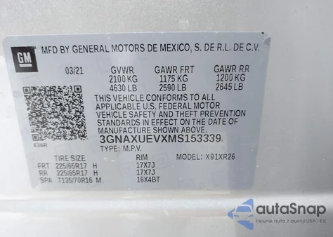2021 Chevrolet Equinox Awd Lt z USA, uszkodzony, nr VIN 3GNAXUEVXMS153339